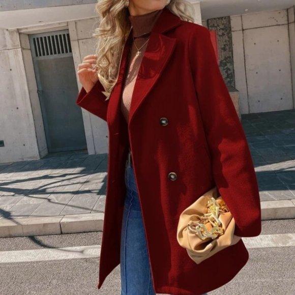 Classic burgundy double breasted Pea Overcoat jacket fall/winter - Picture 3 of 10